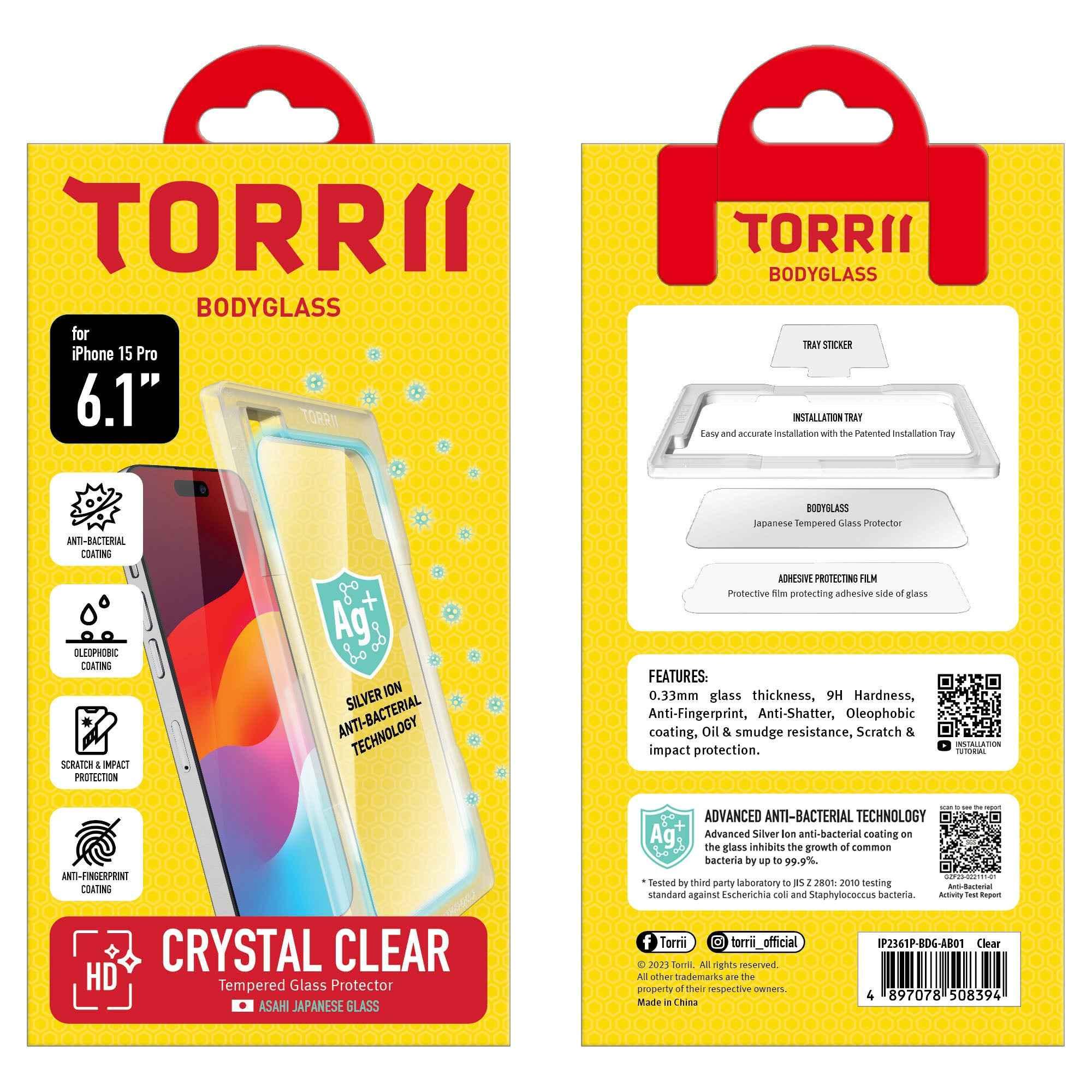 iPhone 15 Pro Torrii Bodyglass Screen Protector Anti-Bacterial Coating - Clear iPhone 15 Pro Torrii Bodyglass Screen Protector Anti-Bacterial Coating - Clear